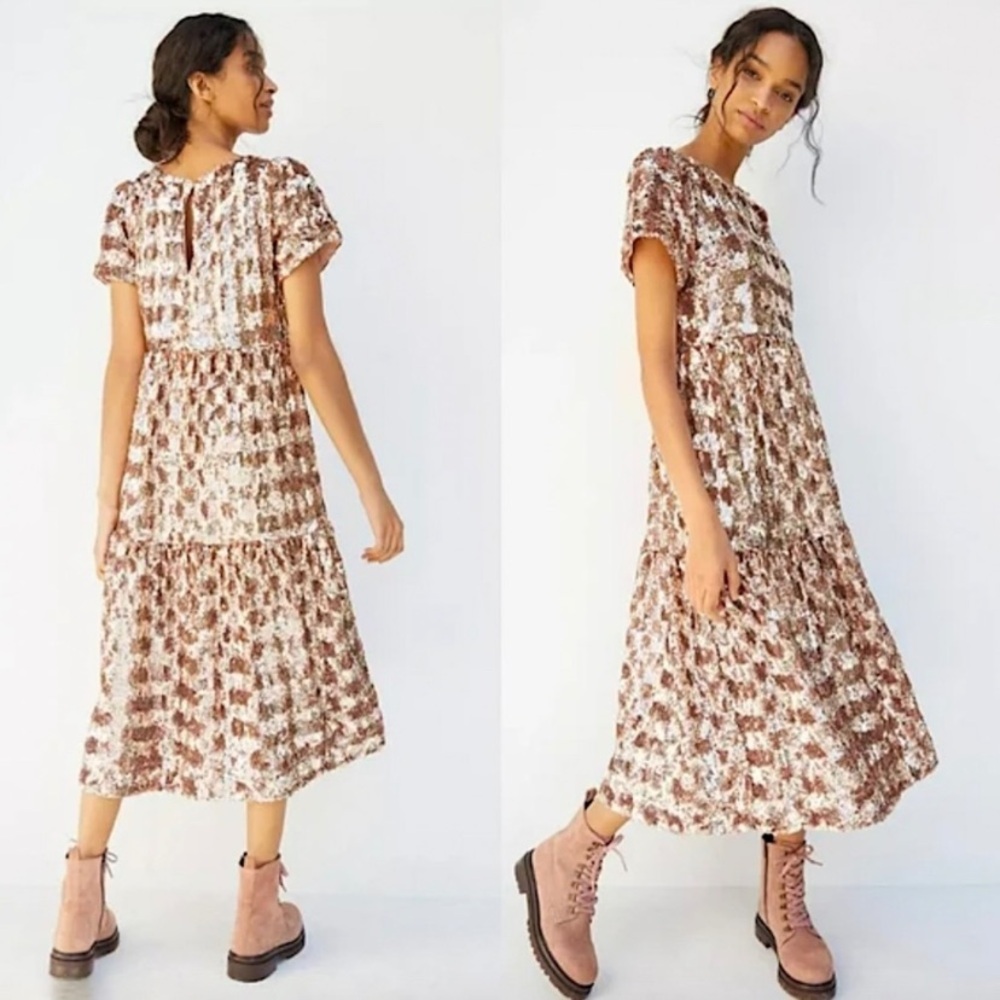 EUC Anthropologie Maeve Bernadette Rose Gold Sequin Tiered Midi Dress